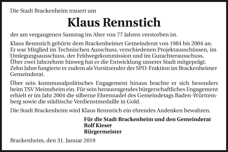  Traueranzeige für Klaus Rennstich vom 31.01.2019 aus 