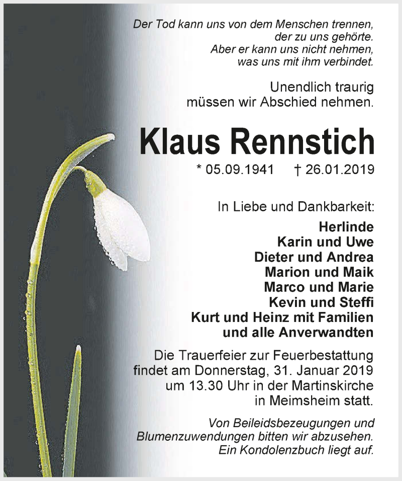  Traueranzeige für Klaus Rennstich vom 29.01.2019 aus 
