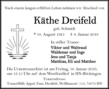 Traueranzeige von Käthe Dreifeld 