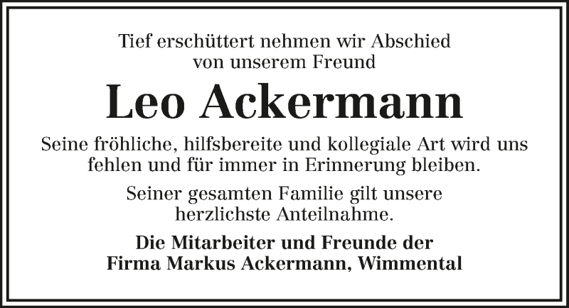  Traueranzeige für Leo Felix Ackermann vom 02.01.2019 aus 
