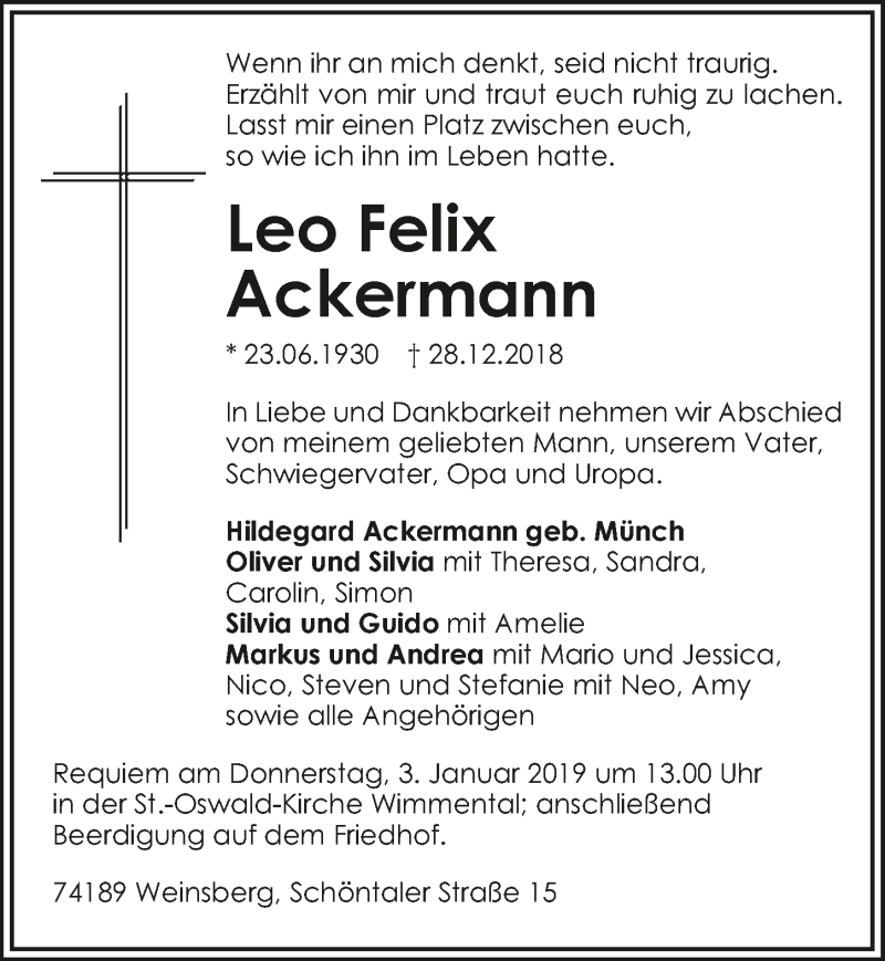  Traueranzeige für Leo Felix Ackermann vom 02.01.2019 aus 