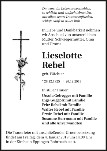 Traueranzeige von Lieselotte Rebel 