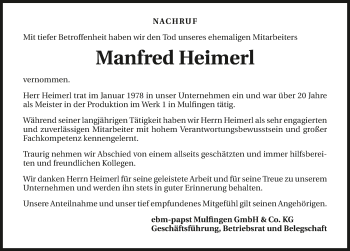 Traueranzeige von Manfred Heimerl 