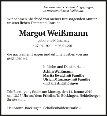 Traueranzeige von Margot Weißmann 