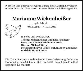 Traueranzeige von Marianne Wickenheißer 