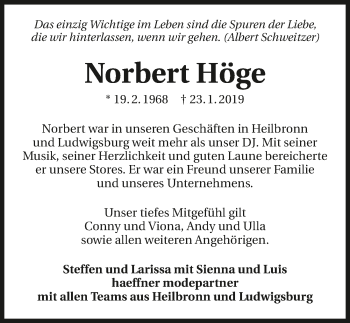 Traueranzeige von Norbert Höge 