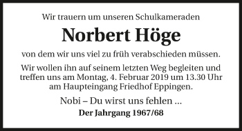 Traueranzeige von Norbert Höge 