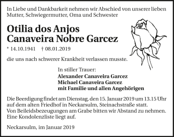 Traueranzeige von Otilia dos Anjos Canaveira Nobre Garcez 