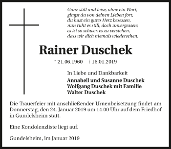 Traueranzeige von Rainer Duschek 