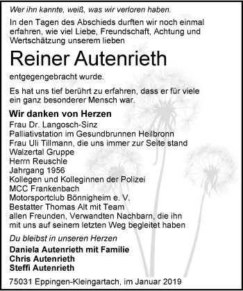 Traueranzeige von Reiner Autenrieth 