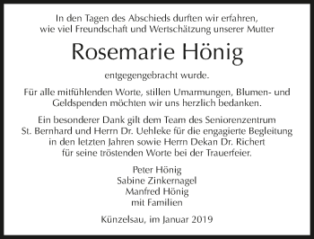 Traueranzeige von Rosemarie Hönig 