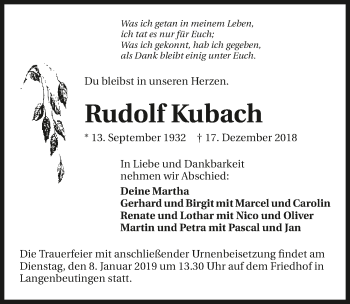 Traueranzeige von Rudolf Kubach 