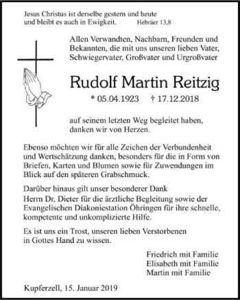 Traueranzeige von Rudolf Martin Reitzig 