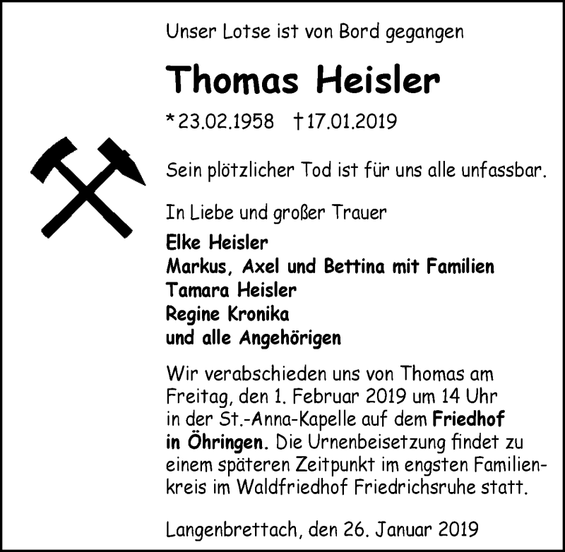  Traueranzeige für Thomas Heisler vom 26.01.2019 aus 