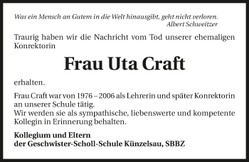 Traueranzeige von Uta Craft 