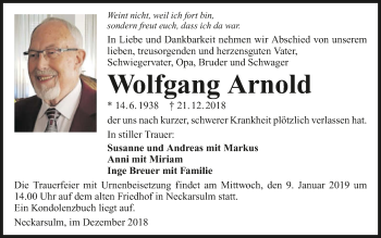 Traueranzeige von Wolfgang Arnold 