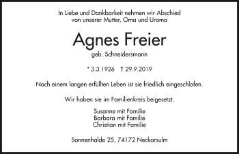 Traueranzeige von Agnes Freier 