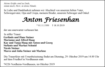 Traueranzeige von Anton Friesenhan 