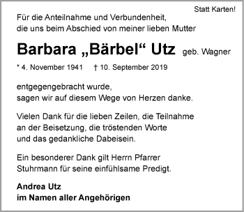 Traueranzeige von Barbara Utz 