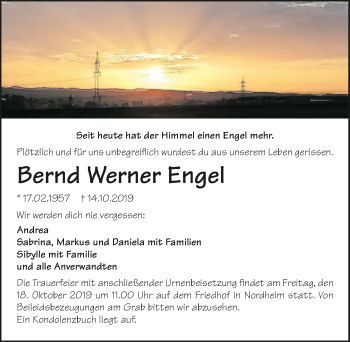 Traueranzeige von Bernd Werner Engel 