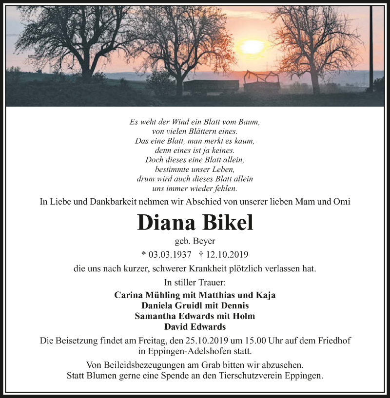  Traueranzeige für Diana Bikel vom 19.10.2019 aus 
