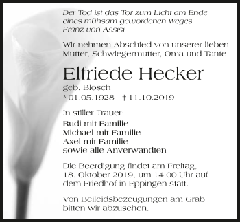 Traueranzeige von Elfriede Hecker 