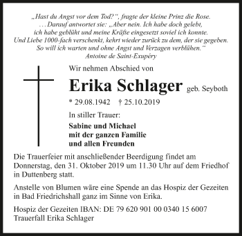 Traueranzeige von Erika Schlager 