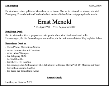 Traueranzeige von Ernst Menold 
