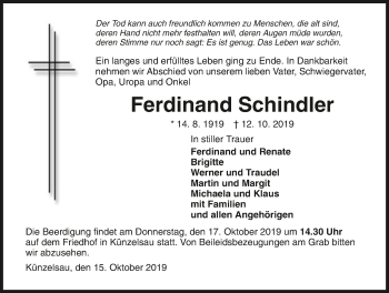 Traueranzeige von Ferdinand Schindler 