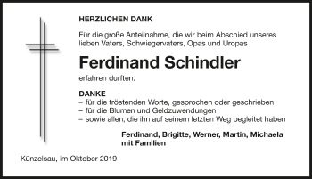 Traueranzeige von Ferdinand Schindler 