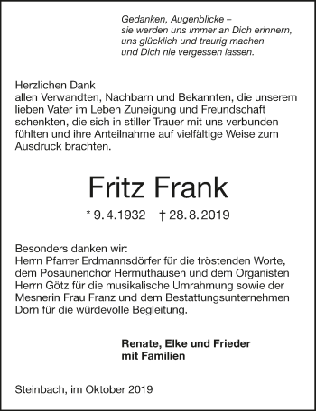 Traueranzeige von Fritz Frank 