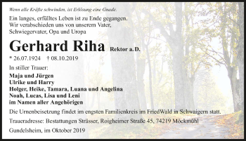 Traueranzeige von Gerhard Riha 