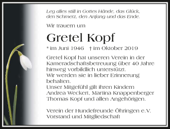 Traueranzeige von Gretel Kopf 