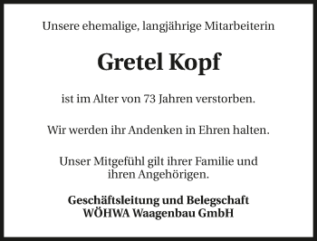 Traueranzeige von Gretel Kopf 