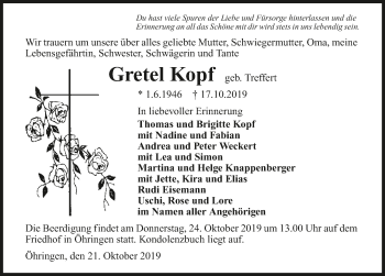 Traueranzeige von Gretel Kopf 