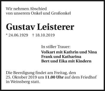 Traueranzeige von Gustav Leisterer 