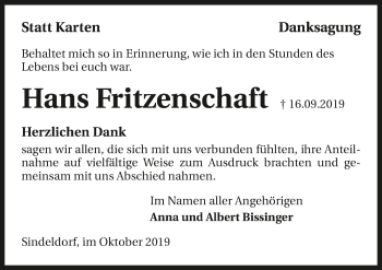 Traueranzeige von Hans Fritzenschaft 