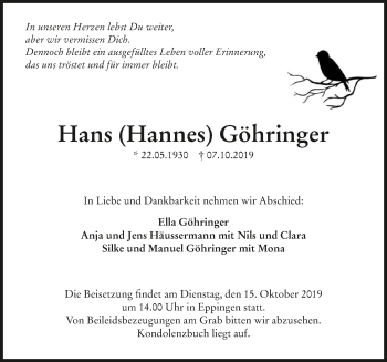 Traueranzeige von Hans Göhringer 