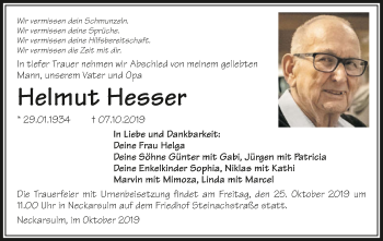 Traueranzeige von Helmut Hesser 