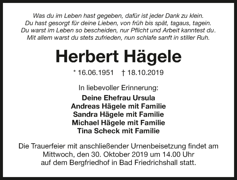  Traueranzeige für Herbert Hägele vom 23.10.2019 aus 