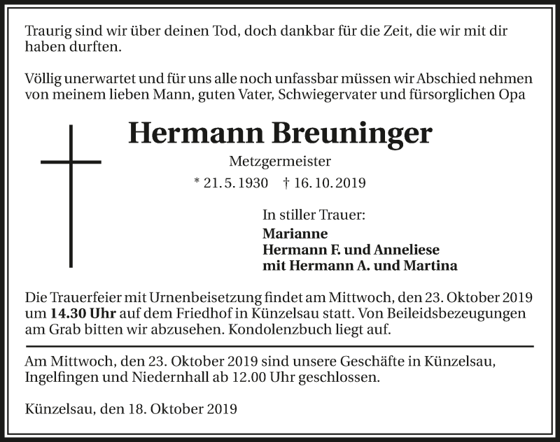  Traueranzeige für Hermann Breuninger vom 18.10.2019 aus 