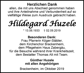 Traueranzeige von Hildegard Huzele 