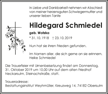 Traueranzeige von Hildegard Schmiedel 