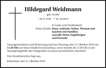 Traueranzeige von Hildegard Weidmann 