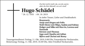 Traueranzeige von Hugo Schädel 