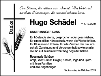 Traueranzeige von Hugo Schädel 