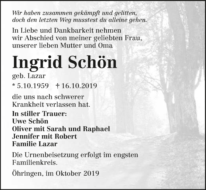  Traueranzeige für Ingrid Schön vom 19.10.2019 aus 