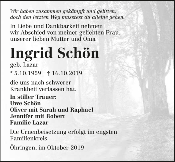 Traueranzeige von Ingrid Schön 