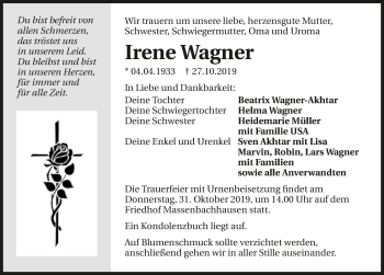 Traueranzeige von Irene Wagner 