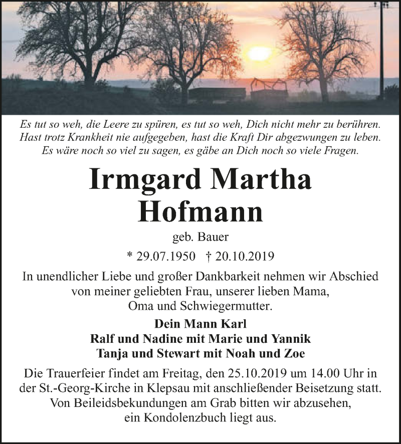  Traueranzeige für Irmgard Martha Hofmann vom 23.10.2019 aus 